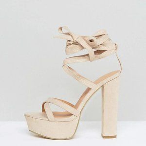 Truffle Collection Tie Ankle Platform Chunky Heel Sandals Nude Beige Size 6 NIB